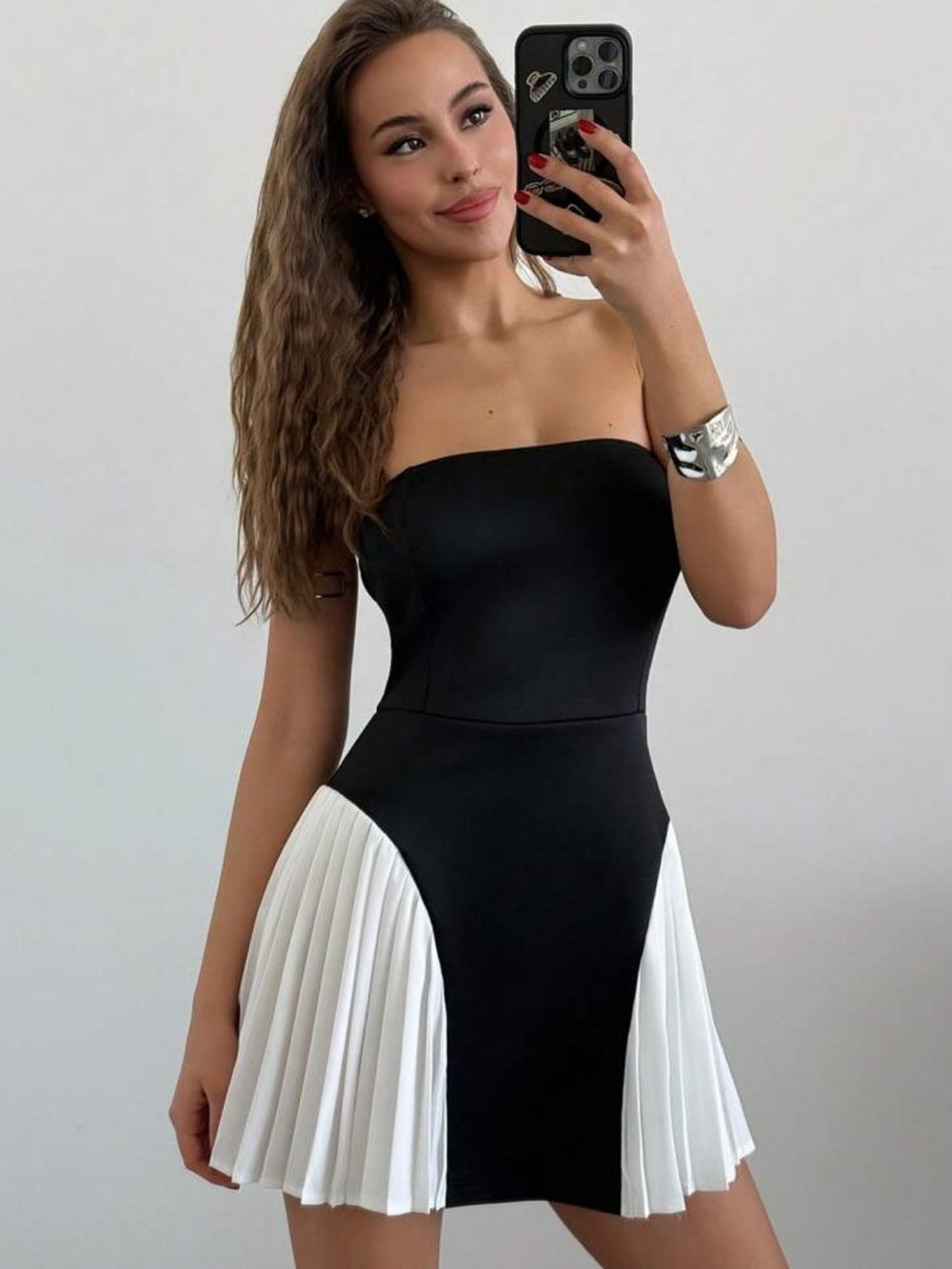 Strapless Black & White Pleated Mini Dress - Picture 1 of 6